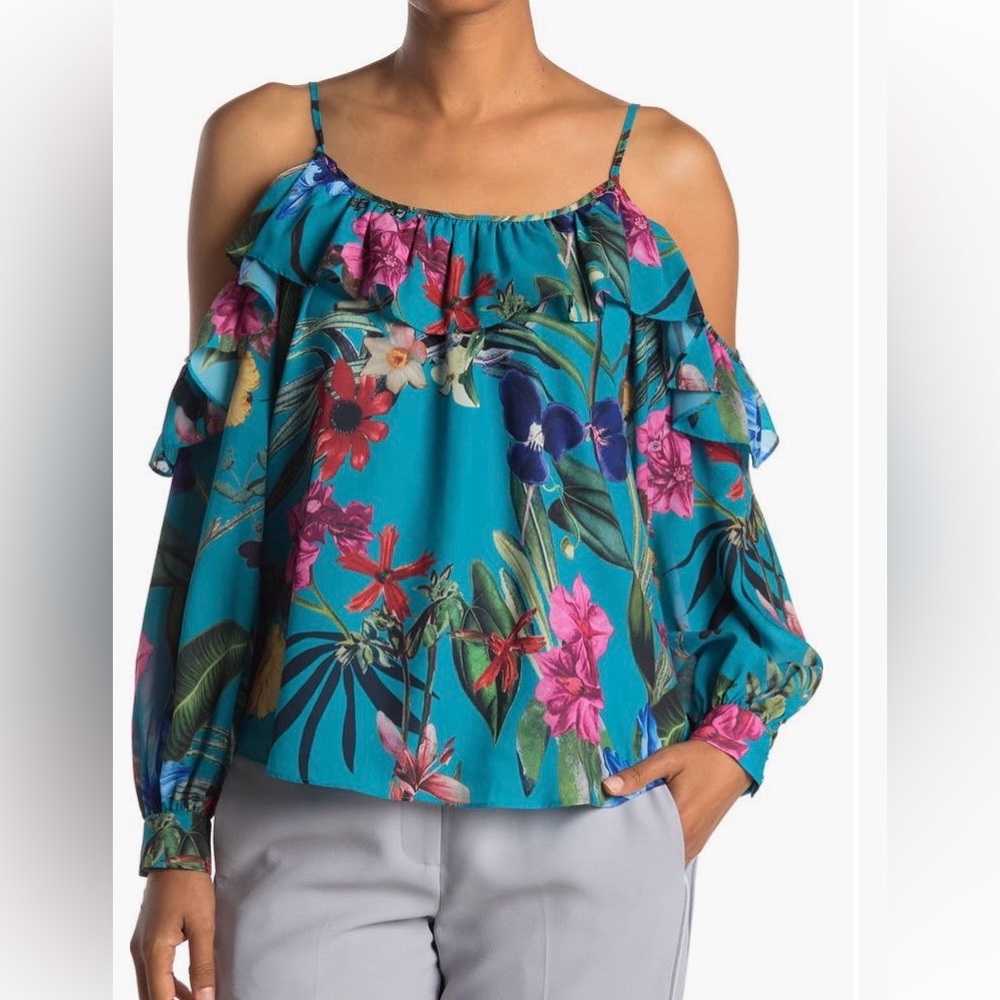 Parker Floral Cold Shoulder Ruffle Blouse NWT Medium Tropical Resort Top summer